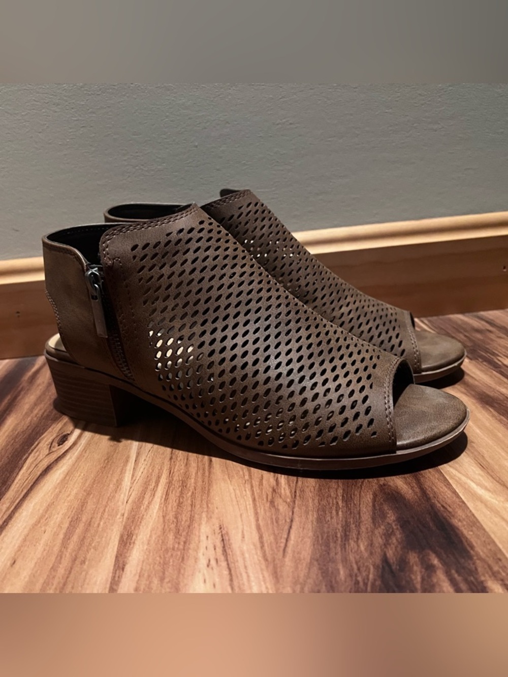 Women's Brown Perforated Open-Toe Block Heel Booties